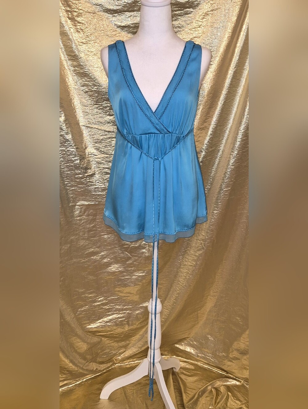 Elie Tahari Blue V-Neck Sleeveless Tie-Waist Top